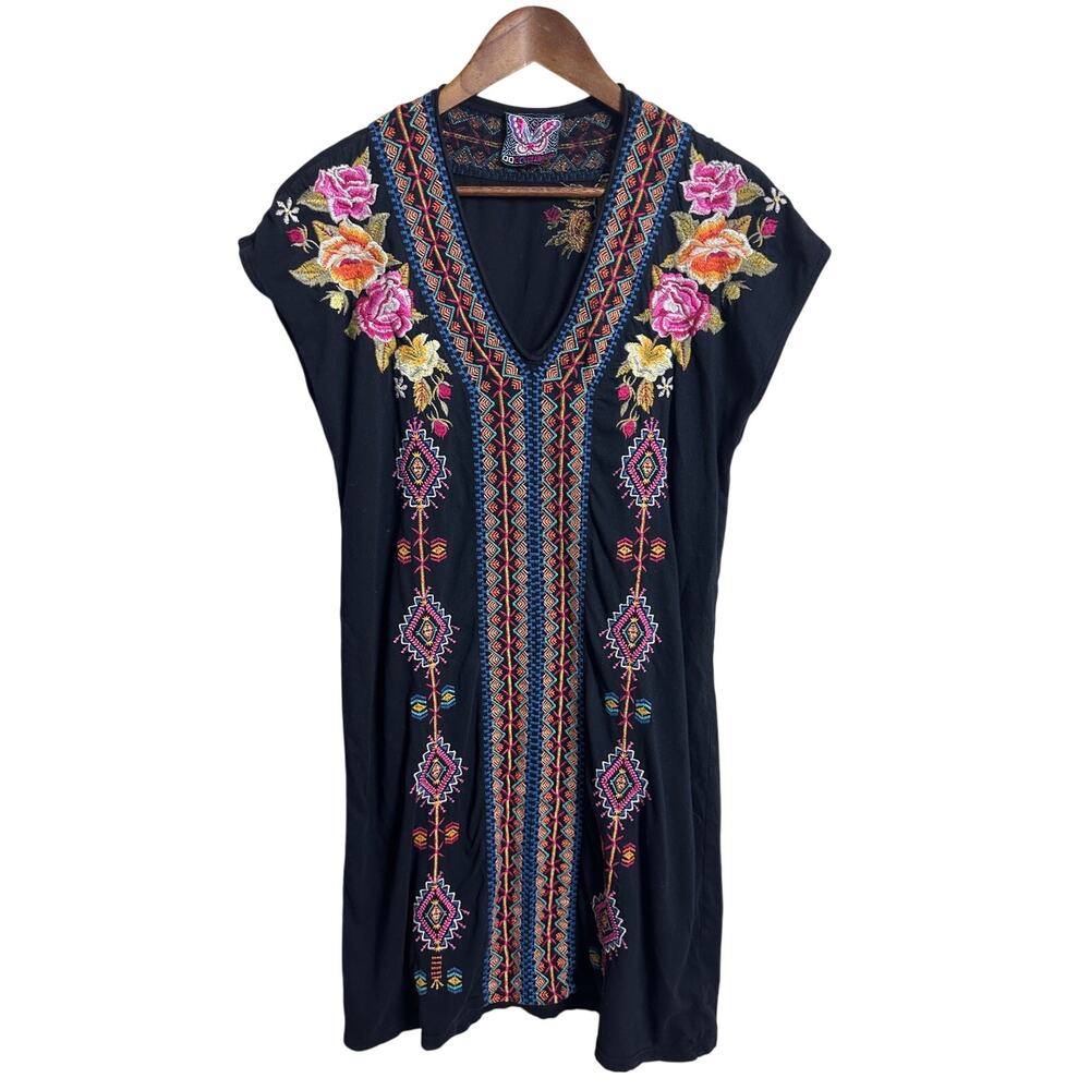 Johnny Was Floral Embroidered Boho Tunic Dress Blacl Festival Artisan size S